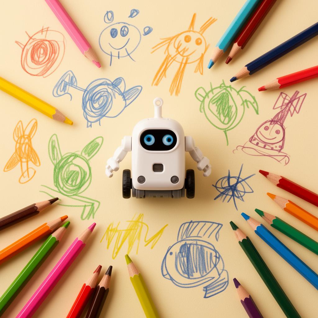 DrawBot surrounded by colorful kids' drawings